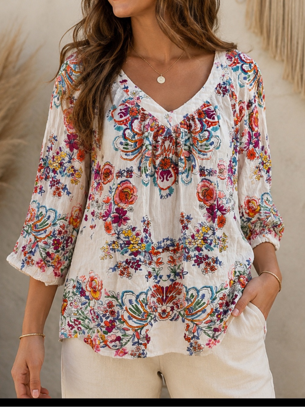 Bila White Multicolor Floral V-Neck Tunic Blouse medium
